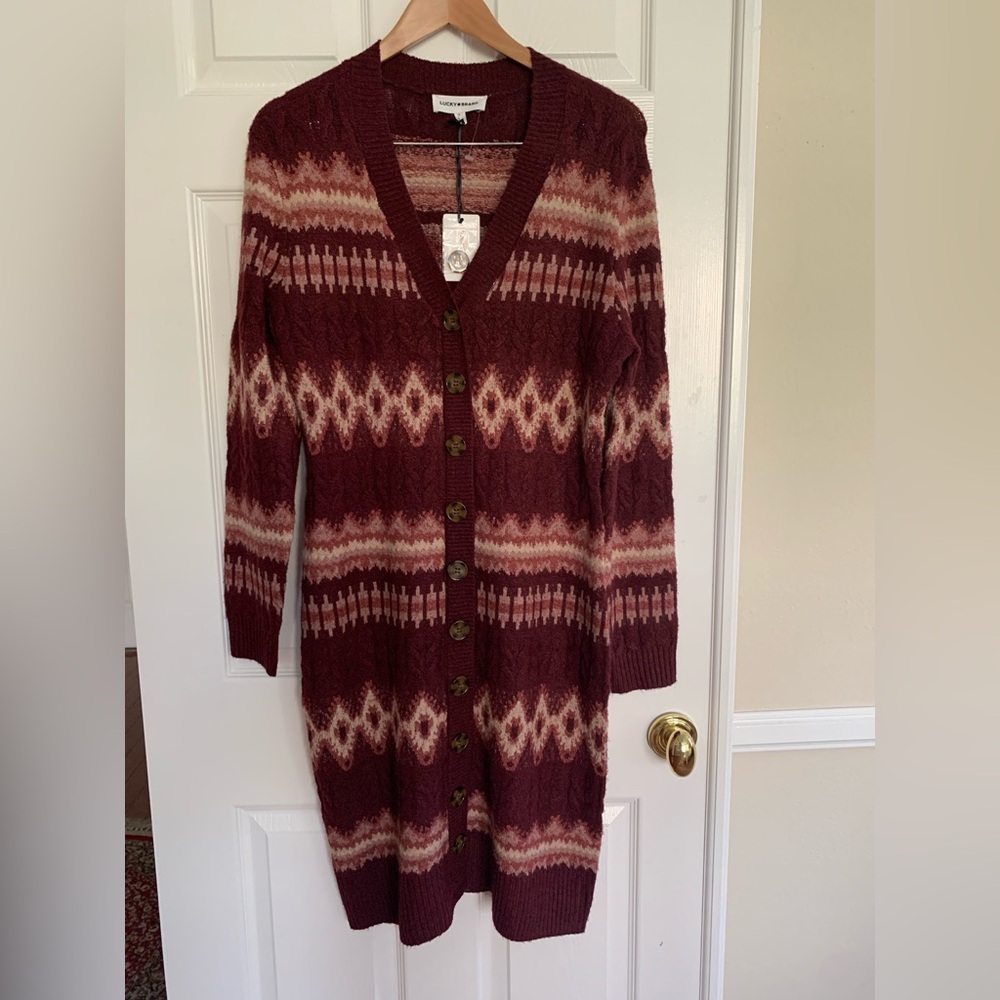 NWT Lucky 🍀 Brand Dress: Wine Color, Button Down, Fair Isle, Polyester Blend, L